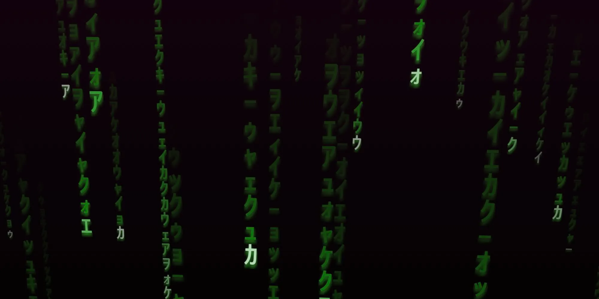 Green glowing glyphs raining down the screen in 3d space